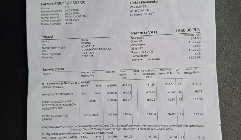 Dacia spring Klimatyzacja, Nawigacja, PDC, Kamera cofania, Ele szyby, Ele lusterka full