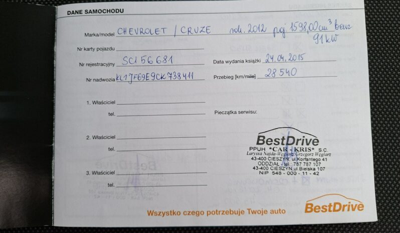 Chevrolet Cruze Klimatyzacja, Ele szyby 4x, Ele lusterka, Czujniki parkowania full